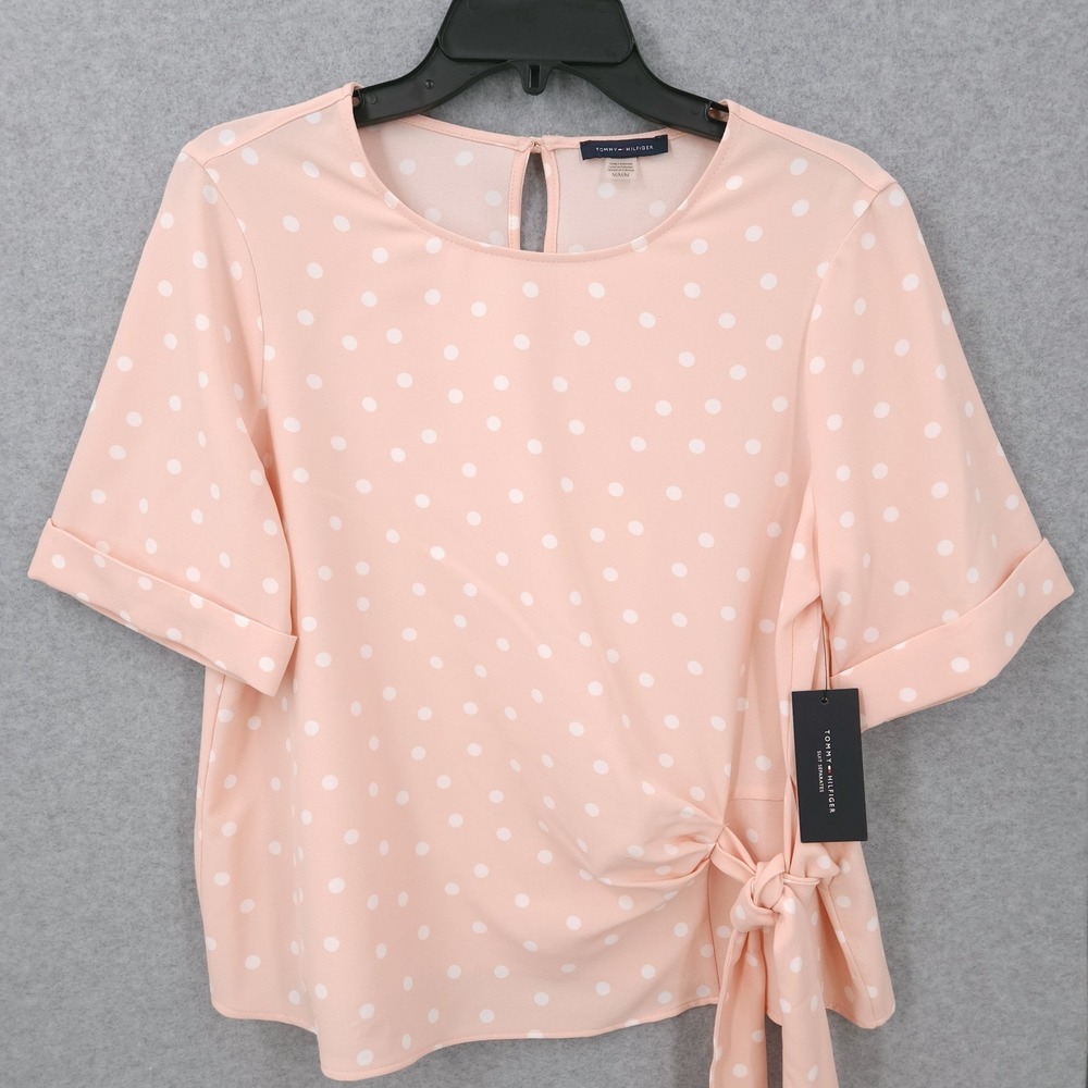Tommy Hilfiger Polka Dot Tie Front Boat Neckβ Peach Blouse Womens Size M NWT